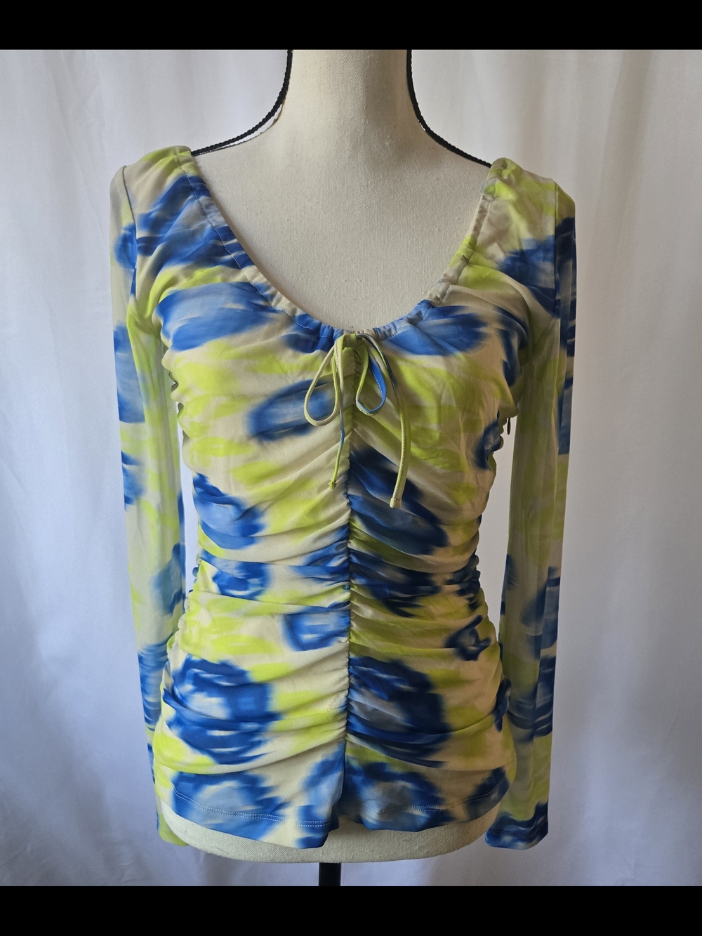 GANNI Printed Mesh U-Neck Ruched Blouse
